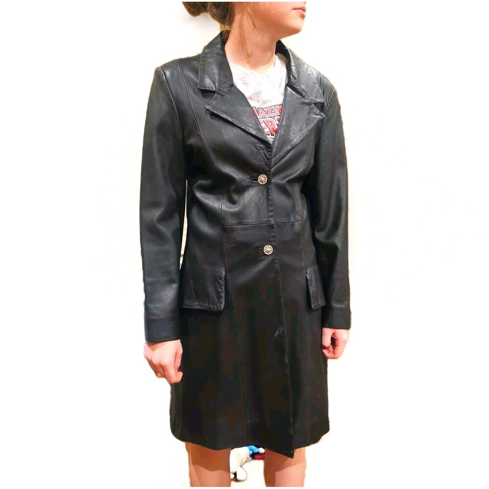 Vanelli LEATHER Knee Length Coat Black Size 42 Mid-trench Sexy Classic